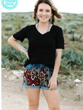 NEW Patched Up Denim Shorts-In Red Aztec And Leopard Print